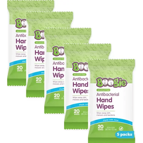 Antibacterial Hand Wipes by Boogie, Alcohol Free, Hypoallergenic and Moisturizing Aloe, Hand Wipes for Kids and Adults, 5 Packs of 20 (100 Total Wipes)