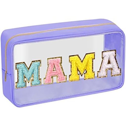 Iqimott Preppy Patch Clear Mama Bag, Women Chenille Letter Makeup Cosmetic Bag for Travel, Nylon Waterproof Organization Outdoor Zipper Pouch Toiletry Bag for Women Girls(Purple)