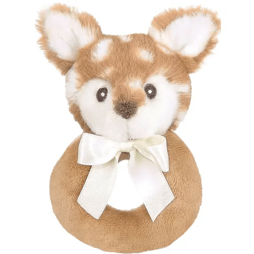Bearington Collection Baby Lil’ Willow, 5.5 Inch Fawn Plush Stuffed Animal, Soft Baby Rattles and Plush Rings - Newborn Toys