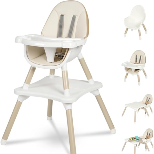 Gofirst 6 in 1 Baby High Chair,Convertible High Chairs for Babies and Toddlers/Booster Seat/Table and Chair Set,Baby Feeding Chair/5-Point Harness,4-Position Removable Tray&PU Cushion Baby Highchair