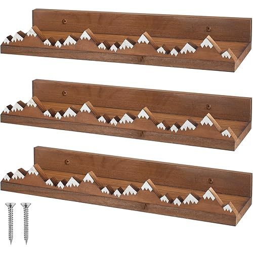 Wenqik 3 Pcs Snow Mountain Floating Shelves Wood Nursery Book Shelves Nursery Floating Shelves Wall Mounted Rustic Wooden Picture Ledge Shelf Floating Book Shelves for Kids Room (Dark Brown)