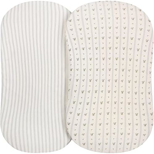 Elys & Co. Bassinet Sheets, Baby Boy Fitted Bassinet Mattress Sheet Set, 2 Pack, 100% Jersey Knit Cotton, Blue Linear Berry Leaf Collection, 32x16x3