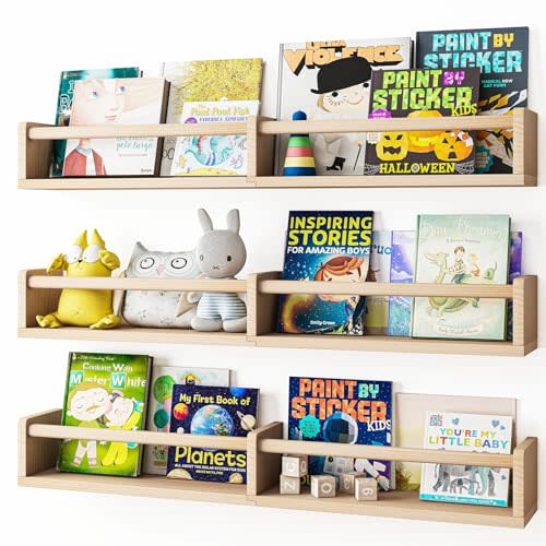 Fixwal Nursery Bookshelves, 32in Floating Bookshelves for Wall Set of 3, Wood Wall Mounted Floating Shelves for Baby Nursery Decor and Toys Storage (Natural Wood)