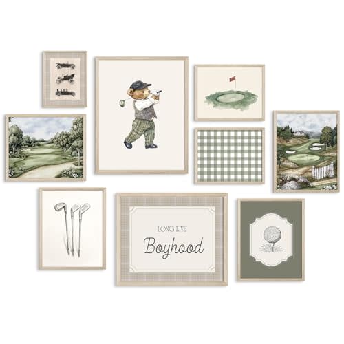 Vintage Sports Nursery Wall Art Decor Teddy Bear Golf Prints Baby Toddler Boy Room Canvas Wall Decor Bear Nursery Pictures Sport Animal Pictures Vintage Golf Artwork for Bedroom 8x10x9 Inch Framed