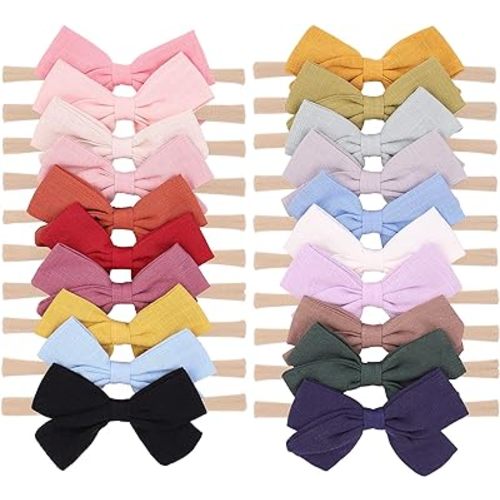 jollybows 20pcs Baby Girls Nylon Hair Bows Headbands Linen Hair Bands Elastic Hair Accessories for Kids Infants Newborn