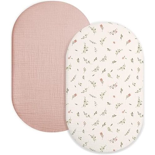 Bassinet Sheet for Baby Boy Girl 2 Pack, Fitted Sheets for Rectangle, Oval, Hourglass Bassinet Mattress, Muslin Moses Basket Sheets (Petal Leaf & Pink, Bassinet Sheet)