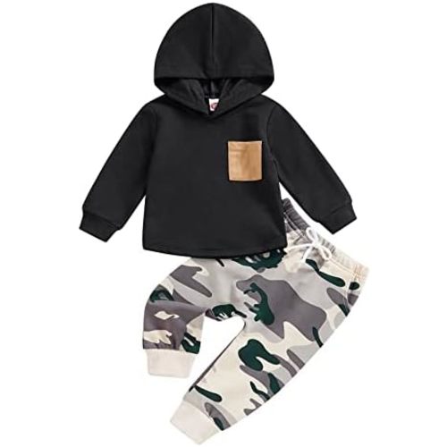 Thorn Tree Infant Baby Boys Pants Set Hooded Solid Sweatshirt Top Pocket Elastic Waist Pants 2Pcs Outfits Fall Winter Suit
