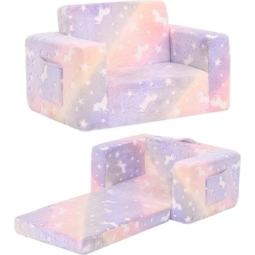 Toddler Chair Kids Couch, 2-in-1 Toddler Soft Sherpa Couch Fold Out Armchair with Removable Cover, Convertible Reading Chair Toddler Sofa for Kids, Glow in The Dark Purple Horse