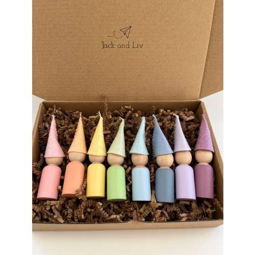 Peg Doll Gnomes with Matching Felt Hats | Wooden Peg Dolls | Montessori Toddler | Color Sorting | Waldorf Doll