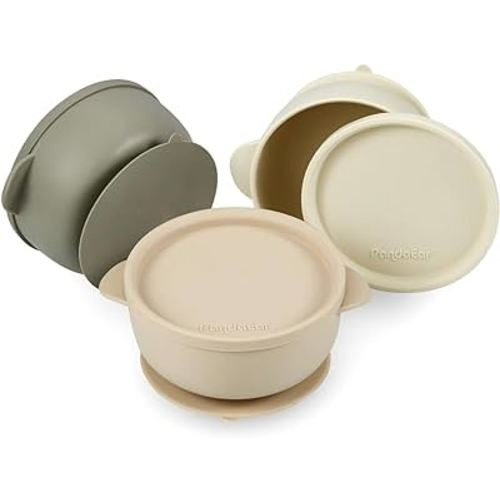 PandaEar 3 Pack Baby Bowls with Suction| Leak-Proof Stay Put Silicone Food Bowl with Lids for Babies Kids Toddlers Infants| Food Grade Soft Safe BPA-Free Silicone (Linen Brown Tan)