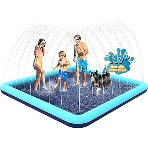 117'' Splash Pad for Dogs, Non-Slip Sprinkler for Kids, Square Splash Pad for Kids Ages 4-8, Splash Pads for Toddlers 1-3, Dog Sprinkler Shallow Pool, Outdoor Water Toys for Backyard, Teal
