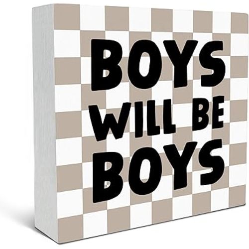 SRADMO Boys Will Be Boys Wood Box Sign Desk Decor, Brown and White Boho Beige Preppy Wooden Block Box Sign Decor for Teen Boys Bedroom College Dorm Gamer Room Wall Shelf Table Decorative Accessories