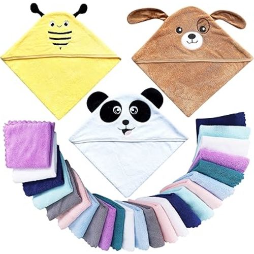 3 Pack Baby Hooded Bath Towel with 24 Count Washcloth Sets for Newborns Infants & Toddlers, Boys & Girls - Baby Registry Search Essentials Item - Dog, Panda, Bee