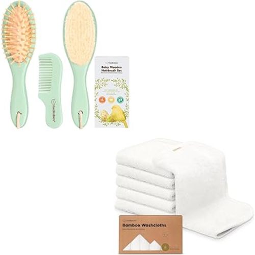 KeaBabies Baby Hair Brush and Baby Comb Set and 6-Pack Bamboo Viscose Baby Washcloths for Newborn - Wooden Baby Brush with Soft Goat Bristle, Organic Baby Wash Cloth