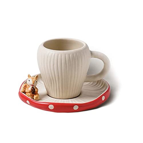 RESVUGA Cute Mushroom Mug with Saucer, Handmade Glaze Polka Dot, with Squirrel Decoration on the Plate. Safety Matt Ceramic Coffee Cups, 11 oz Cartoon Tea Cup. Best Gifts for Women & Girls.