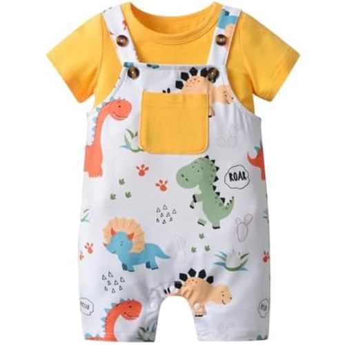 Infant Baby Boy Summer Clothes Short Sleeve Solid Color T-Shirt Cartoon Dinosaur Print Suspender Shorts Outfit Set