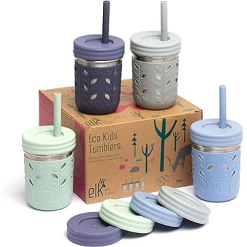 Elk and Friends Stainless Steel Cups | Mason Jar 10oz | Kids & Toddler Cups with Silicone Sleeves & Straws with Stopper | Spill proof Smoothie Cups