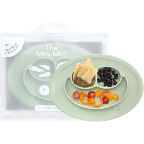 ezpz Mini Mat (Sage) - 6 -12 Months+ - 100% Silicone Suction Placemat + Divided Plate with Three Compartments - Supports Baby-Led Weaning - Designed for Highchair, Table, and Travel