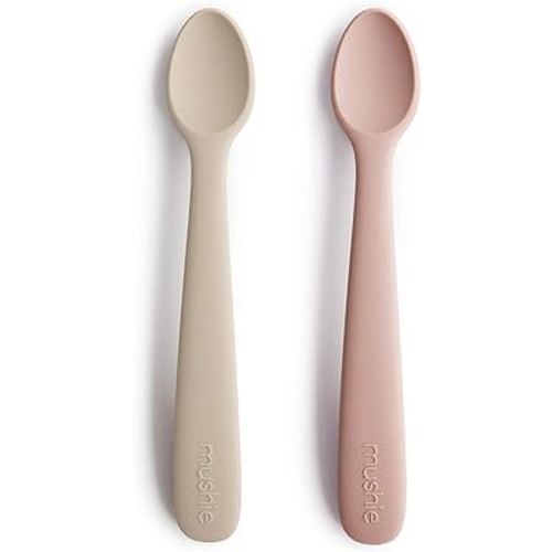 mushie Silicone Baby Feeding Spoons | 2 Pack (Blush/Shifting Sand)