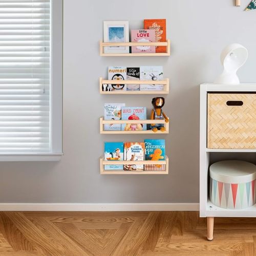TUEGEGNS Nursery Book Shelves Wall Mounted Set of 4,Floating Wall Bookshelves for Kids,Nursery Shelves for Bookshelf Wall,Kids Bookshelf (Set of 4 Nature)