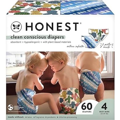 The Honest Company Clean Conscious Diapers | Plant-Based, Sustainable | Tie-Dye For + Cactus Cuties | Club Box, Size 4 (22-37 lbs), 60 Count
