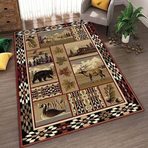 Cabin Nature and Animals Area Rug Rustic Western Country Rugs Wildlife Bear Deer Damask Bordered Carpet Floor Mats for Bedroom Living Room,4'x6'