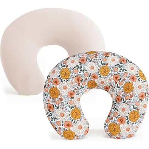 Konssy 2 Pack Nursing Pillow Covers, Stretchy and Soft Nursing Cover for Breastfeeding Pillows, Pillow Slipcover for Baby Girls Boys Newborn (Beige, Floral)