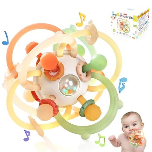 Orzbow Baby Sensory Teething Teether Toys, Infant Montessori Toys, Silicone Baby Rattle Balls Toys, Baby Chew Toys for 3-6-12-18 Months Sucking Needs, Teethers Relief, BPA Free, Brown