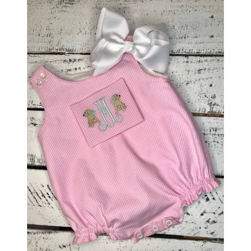 Pink Gingham Baby Girl Bubble,Dog with Bow Monogram,Baby Girl Puppy Monogram,Infant Girl Summer Bubble Monogram,Baby Summer Pictures,Baby 3m