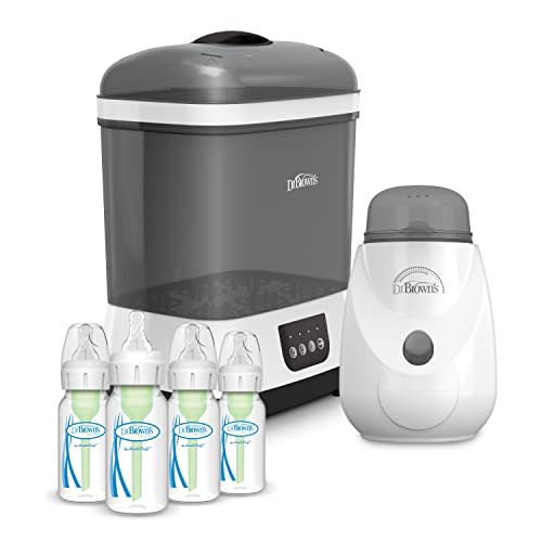 Dr. Brown’s Clean Steam Baby Bottle and Pacifier Sterilizer and Dryer, Insta-Feed Bottle Warmer and Anti-Colic Options+ Baby Bottles 4 oz, 0m+ Level 1 Nipple, 4 Pack