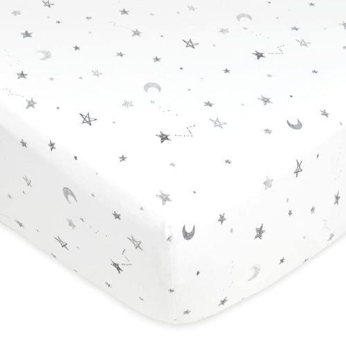 American Baby Company Printed 100% Cotton Jersey Knit Fitted Crib Sheet for Standard Crib and Toddler Mattresses, Grey Stars and Moon, 1 Count