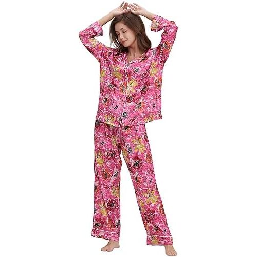 Womens Silk Satin Pajamas Set Button Down 2 Piece Pjs Long Sleeve Oversized Sleepwear with Pockets