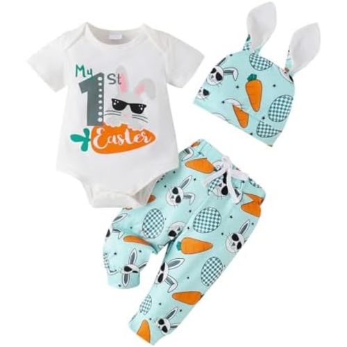 Newborn Baby Boy Girl Easter Day Clothes Set Short Sleeve Rabbit Romper Long Pants Hat My First Easter Outfits