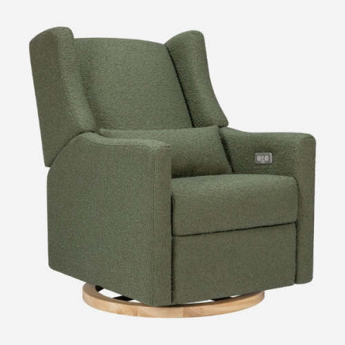 Kiwi Electronic Recliner and Swivel Glider with USB port - Olive Boucle with Light Wood Base