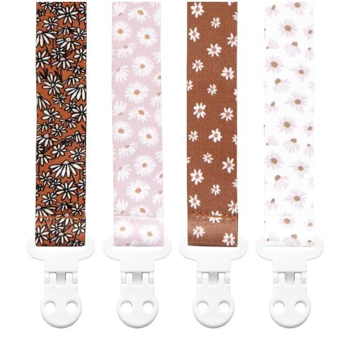 Baby Pacifier Clip Holder - Girl 4 Pack Gift Set – Boho Modern Neutral Flowers Floral (Daisy)