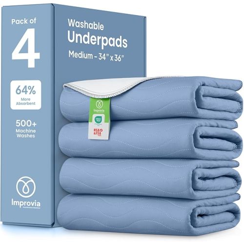 IMPROVIA® Washable Underpads, 34" x 36" (Pack of 4) - Heavy Absorbency Reusable Bedwetting Incontinence Pads for Kids, Adults, Elderly, and Pets - Waterproof Protective Pad for Bed, Couch, Sofa, Floor