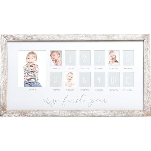 Pearhead My First Year Picture Frame, Baby's First Twelve Months Photo Collage and Gender Neutral Keepsake, Ideal for Baby Shower, New Mom Gift and Nursery Decor, Distressed Wood
