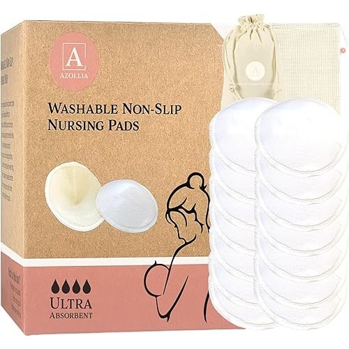 Non-Slip Nursing Pads, 14 Washable Organic Cotton Leakproof Breast Pads, Reusable, Soft, Absorbent, Dry and Eco-Friendly Breastfeeding Essentials