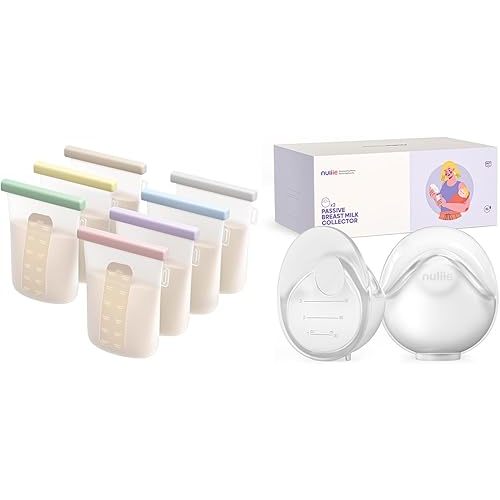 Nuliie 7 Pcs Reusable Silicone Breastmilk Storage Bags, 12oz/360ml + 2 PCS Silicone Breast Milk Collectors for Breastfeeding Leak-Proof, 3oz/90ml