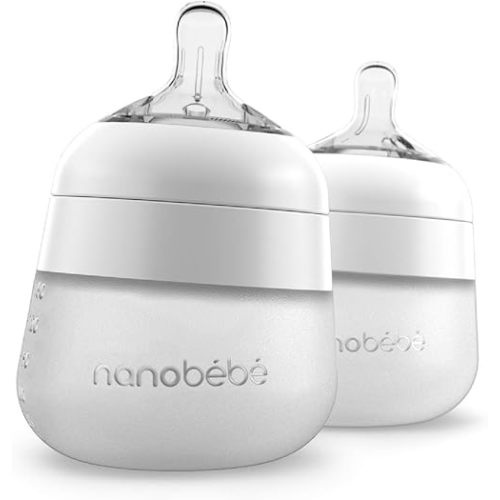 Nanobébé Flexy Silicone Baby Bottle, Anti-Colic, Natural Feel, Non-Collapsing Nipple, Non-Tip Stable Base, Easy to Clean 2-Pack, White, 5 oz
