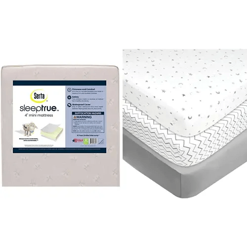 Delta Children Serta SleepTrue Mini Crib Mattress, White & American Baby Company 100% Natural Cotton Value Jersey Knit Fitted Portable/Mini-Crib Sheet, Grey Star/Zigzag, 38" x 24" x 4", Pack of 1