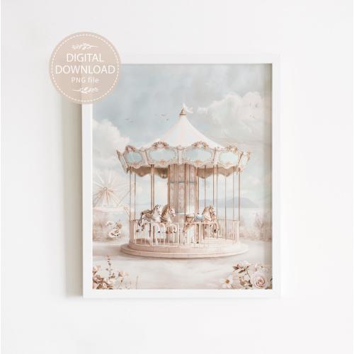 Whimsical Vintage Carousel Nursery Art in Soft Pastel Tones, Dust Blue and Pink Printable Decor for Kids&#39; Room, Nursery Retro-Inspired Print