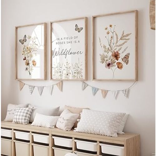 Set of 3 Wildflowers Nursery Wall Art Prints In A Field Of Roses She Is A Wildflower Poster Painting Watercolor Flower Butterfly Canvas Pictures for Girls Bedroom Nursery Decor With Inner Frame