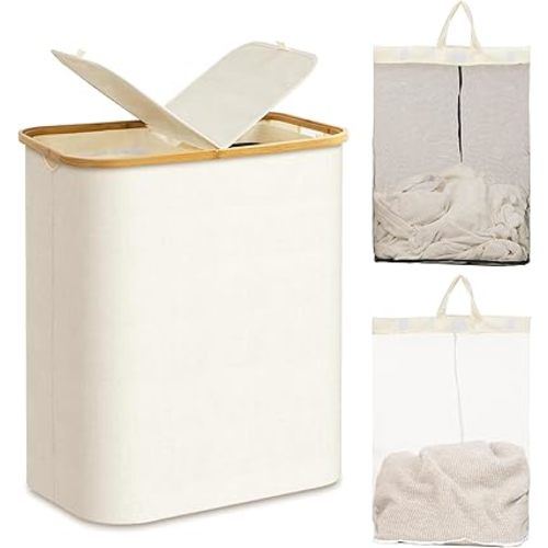 joybest Double Laundry Hamper with Lid Removable Bags, Beige 140L Large Laundry Basket with Bamboo Handles, 2 Section Dirty Clothes Hamper for Laudry Room, Bathroom & Bedroom