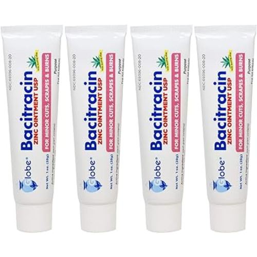 (4 Pack) Globe Bacitracin Zinc Ointment + Aloe 1oz, Antibiotic Ointment, Essential Antibiotic First Aid Supplies, Healing Action, Maximum Antibiotic Power, Prevents Infection in cuts, scrapes, Burns
