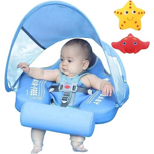 Mambobaby Float with Canopy Size Improved Non Inflatable Infant Baby Pool Float Smart Mambo Float Swim Trainer Add Tail Baby Swim Float Mambo Baby Float Solid Air Free Water Waist Swimming Ring