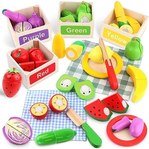 MerryPony Wooden Play Food Set for Kids Kitchen Accessories - 34 Pcs Velcro Fruit & Veggie Cutting Toys with 4 Color Sorting Boxes, Montessori Pretend Play for Toddlers, Birthday Gifts for Boys Girls