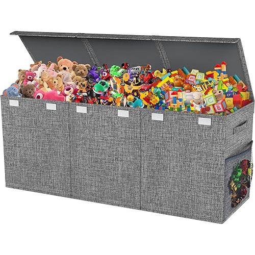 Extra Large Toy Box, Collapsible Sturdy Kids Toy Chest for Boys, Girls, 41"x14"x16" Storage Organizer Toddler Storage Bins with Lids, Toybox Basket for Living Room, Bedroom, Nursery, Gray