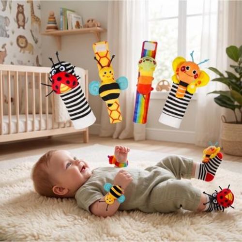 Baby Wrist Rattle Socks and Foot Finder Set, Soft Cotton Sensory Toy for Newborn Boys & Girls 0-12 Months, Baby Shower Gift, Garden Bug