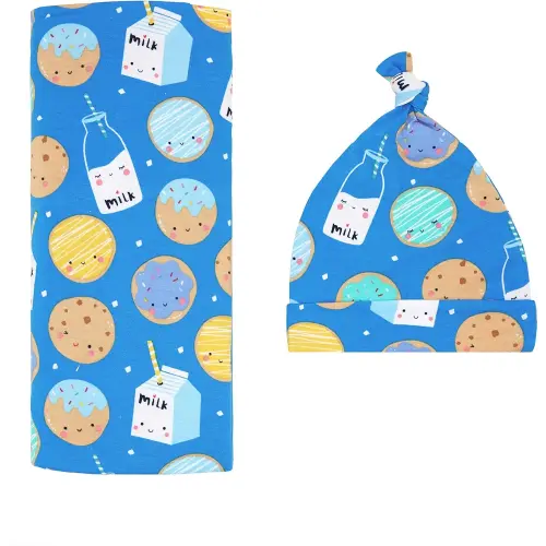 Little Sleepies Swaddle & Hat Set, Baby Swaddles Newborns, Soft Viscose from Bamboo Swaddle Blanket Wrap (Blue Cookies & Milk)